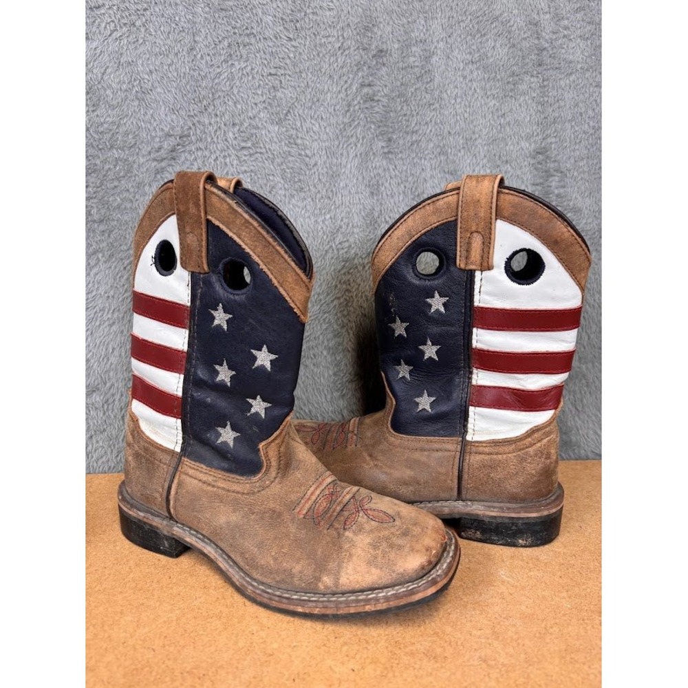 Kids American Flag Western Cowboy Boots Brown Leather Square Toe Stars Stripes - Picture 5 of 10
